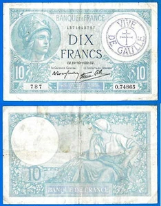 France 10 Francs 1939 19 October Vive De Gaulle Serie O Minerve  Free Ship Wld - Picture 1 of 3