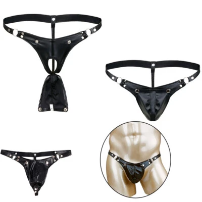 Herren Kunstleder Jockstrap Ouvert G String Tanga Slip mit Druckknöpfe Loch Sexy - Bild 1 von 4