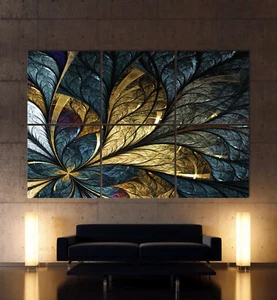 BLATTGOLD Abstrakt Leinwandbild Schwarz Blau Gold Blatt Wandbild über Sofa XXL - Bild 1 von 2