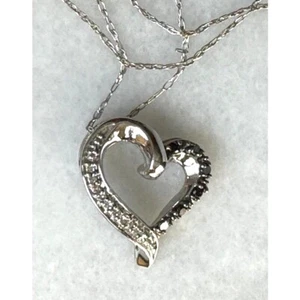 JANE SEYMOUR WHITE GOLD BLACK AND CLEAR DIAMONDS HEART NECKLACE PENDANT SKY - Picture 1 of 15