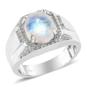 Naturale Pietra Lunare Arcobaleno Con 14K Oro Bianco Placcato Argento Anello per - Foto 1 di 14