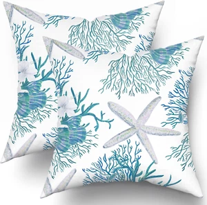 Nautical Coastal Throw Pillow Covers 18"X18" Set of 2 Beach Theme Blue Seashell - Picture 1 of 12