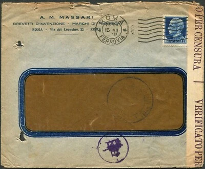 Italy Rome 1941 WWII Censored Railway Meter Cover Window Envelope 1.25L Postage - Image 1 of 2