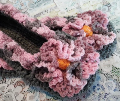 New Small Crocheted Women's Bedroom House Slippers Pansy Gray & Dusty Rose Pink - Image 1 of 2