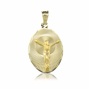 10K Massiv Gelbgold Jesus Oval Medaille Anhänger - Christus Kruzifix Halskette Charm - Bild 1 von 13