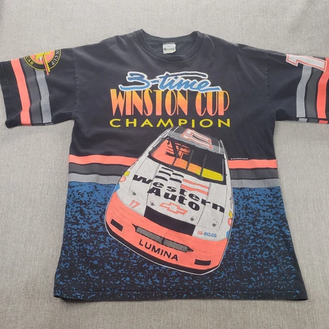 Vintage NASCAR Darrell Waltrip AOP size XL 3 Time Champion All Over Print Tee Cover