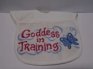 Goddess In Training Baby Bib Cotton Needlework has some faint staining on back - Picture 1 of 6