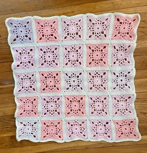 Beautifully Crocheted Baby Girl Pink Beige Pastel Blanket Afghan 38”x38” - Picture 1 of 9