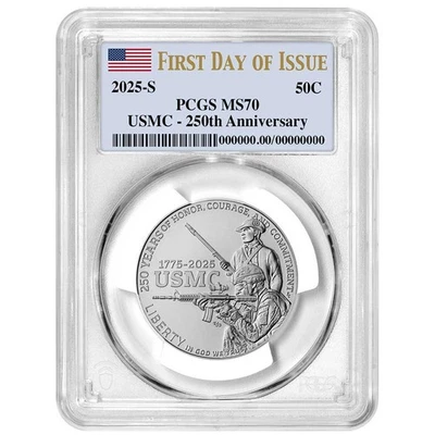 2025-S 50c UNC Clad U.S. Marine Corps 250th Anniv. Commem. PCGS MS70 FDOI Flag - Image 1 of 3