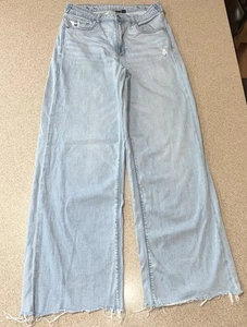 American Eagle Super High Rise Baggy Wide Leg Jeans 6 Regular Frayed Distressed - Picture 1 of 11
