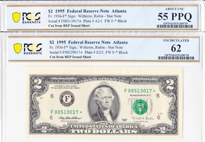 1995 $2 Federal Reserve Star Note Fr. 1936-F* - PCGS UNC 62 & AU 55 PPQ Pair - Image 1 of 4