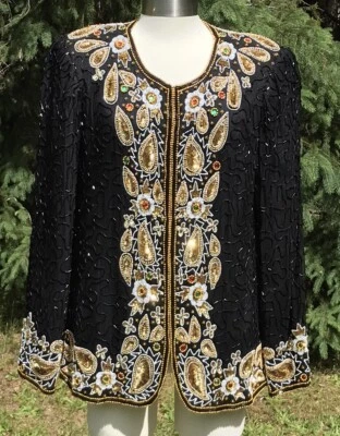 Laurence Kazar Large Silk Beaded Jacket Cardigan Vintage 80s Sequins Beads - Image 1 of 4