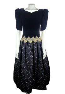 Vintage Scott McClintock Black Gold Velvet Taffeta Sweetheart Polka Dot Dress 10 - Picture 1 of 8