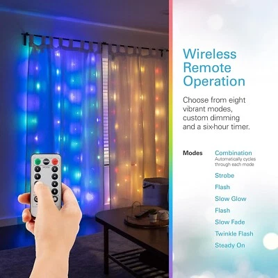 LED Multicolor Curtain Lights 3 ft x 7 ft 88 Lights USB Powered 8 Modes - Image 1 of 4