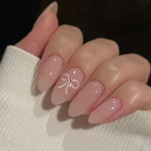 Light Pink Press on Nails Short Almond Fake Nails Glossy Solid Color Full Cover - Picture 1 of 12