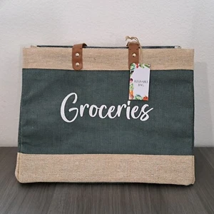 NWT Reusable Grocery Tote Bag Jute Cotton Leather XL Eco Farmers Market Boho - Picture 1 of 12