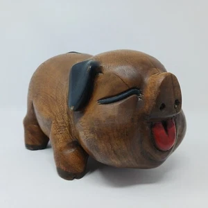 Grand Bois Vintage Chinois Main Sculpté Heureux Souriant Cochon Feng-Shui Orient - Photo 1 sur 9
