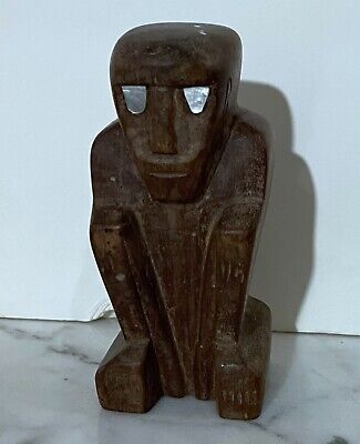 Vintage Caroline Islands Wood Statue Of Setaed Male Figure With Shell Eyes • 53.44$