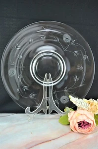 14" Vintage klar Serviertablett m. geätztem Glas Blumenrand/großer runder Teller - Bild 1 von 11
