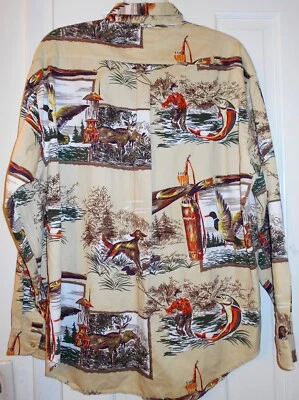 Camisa De Colección Años 90 TOMMY HILFIGER Caza Pesca Pato Ciervo Pez Deportista AOP L/S ~ L Foto 1 de 4