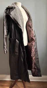 REAL leather trench COAT 44 military rancher warm sherpa fur collar cowboy belt - Picture 1 of 24