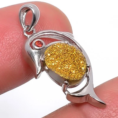 Pingente de joia folheado a prata titânio dourado drusy e granada 1,18" S1064 - Imagem 1 de 3