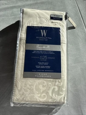 Wamsutta NEW 625 TC PimaCott Sateen Weave Pillowcases Jacquard Scroll Ivory King - Image 1 of 4