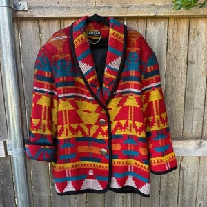 VTG poly wool Southwest JOFELD blazer red yellow turquoise aztec USA made concho - Picture 1 of 4