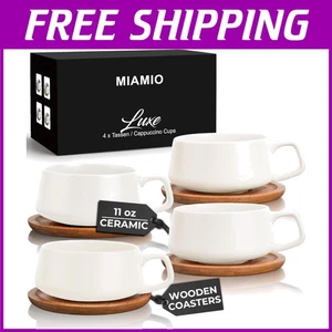 Set of 4 Ceramic Tea Cups & Saucers - White - Picture 1 of 8