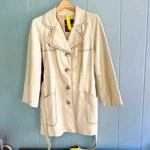 Vintage leather coat cream belted 24K Dan Di Modes scallop western L - Picture 1 of 12