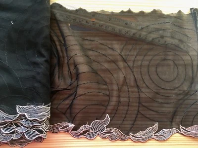 Black Embroidered Lace Trim with Black Mesh for Sewing/Crafts/7.5"  Wide - Image 1 of 4