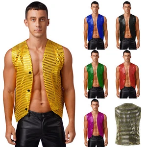 Mens Jacket Solid Color Vest Shiny Waistcoat Sparkling Costume Tuxedo Clubwear - Picture 1 of 74