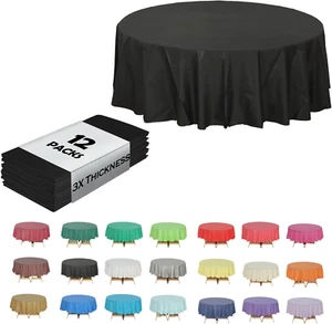 (12-Pack Heavy Duty Plastic Table Covers Tablecloth (Reusable) (Round 84", Black - Picture 1 of 12