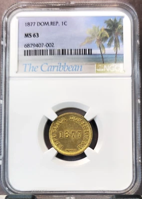 1877 DOMINICAN REPUBLIC 1 CENTAVO FIRST DECIMAL COINAGE NGC MS 63 GREAT COIN - Image 1 of 3