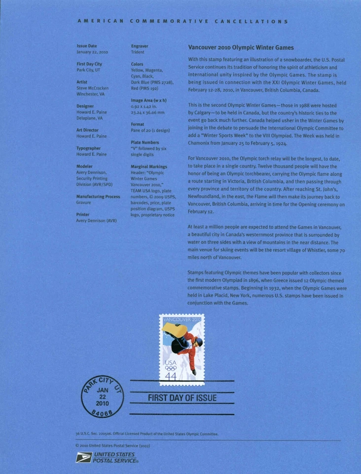 US Scott #SP1752 USPS Souvenir Page for Stamp #4436 Park City, UT - Image 1 of 1