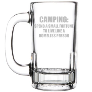 12oz Beer Mug Stein Glass Camping Homeless Funny - Picture 1 of 1