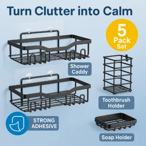 Shower Caddy Set 5 Pack Bathroom Organizer No Drill Shelves Rustproof Storage - Picture 1 of 8