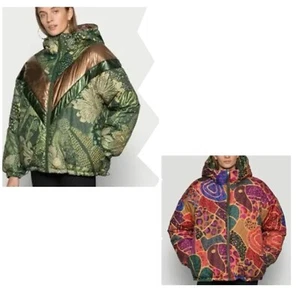 Farm Rio Puffer Jacket Women's L Green Cool Leopard Metallic Reversible NWT $300 - Picture 1 of 17