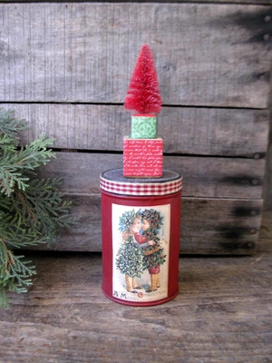 Antique Pantry Tin Calico Sleeve Christmas Postcard Print w Bottle Brush Tree - Image 1 of 4
