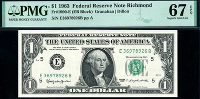 1963 1900-E $1 Richmond Federal Reserve Note • PMG 67 EPQ E-B Block ((TOP POP)) - Image 1 of 2