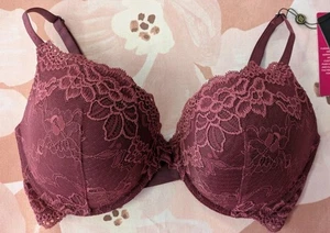 Pleasure State Push Up Plunge Bra 14DD Burgundy My Fit Lace Adjustable Straps - Picture 1 of 14