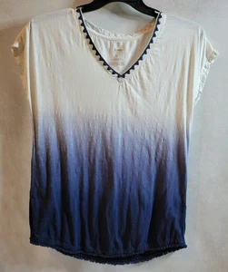 Sonoma T-Shirt Damen Gr. Medium Blau Ombre V-Ausschnitt Kurzarm Baumwolle Pullover - Bild 1 von 5