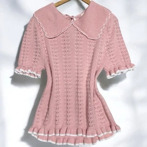 Top de ganchillo Y2K Coquette talla L rosa con volantes Fairycore Cottagecore Balletcore - Imagen 1 de 13