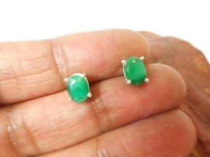 Green Oval  EMERALD  Sterling  Silver  925  Gemstone Stud Earrings -  5 x 7 mm - Picture 1 of 5