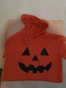 Womens Large Crop Short Orange Halloween Jack OLantern Sweatshirt Hoodie Pumpkin - Picture 1 of 5