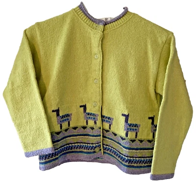 VTG DEUX PAR DEUX Light Green Cardigan Sweater Llama Print Size 8 - Image 1 of 4