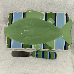 2009 Mud Pie Lakehouse Fisch Dip Tasse Set, grün, Streifen - Bild 1 von 6