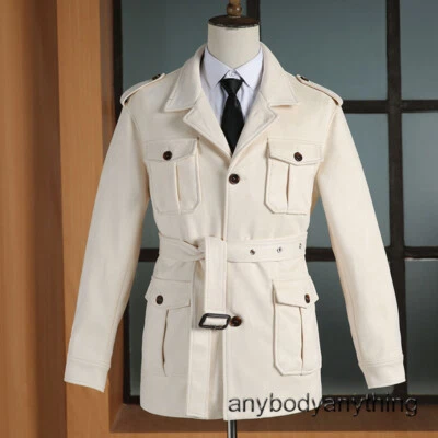 Mens Retro Suede Safari Jacket Multi Pockets Belted Hunting Coat Casual Outwear - Image 1 of 4