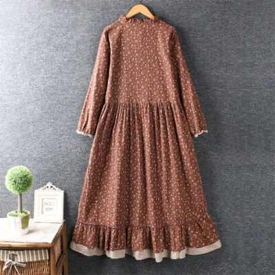 Lady Floral Tunic Dress Cotton Long Sleeve Midi Pastoral Retro Mori Girl Casual - Image 1 of 4