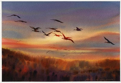 original painting 20 x 30 cm 252DM artwork watercolor modern landscape sunset - Image 1 of 4